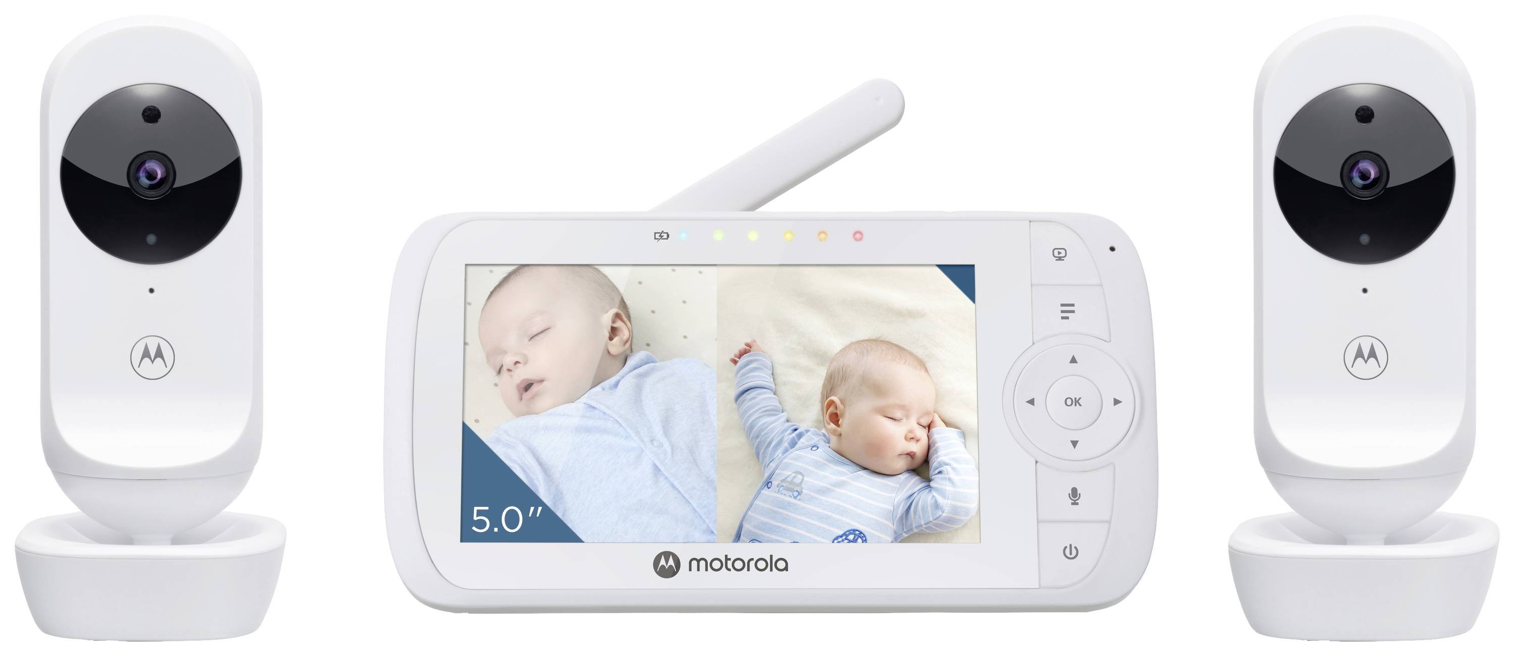 Two white baby monitor cameras and a monitor displaying an image of two sleeping babies. The monitor shows a 5-inch display.
