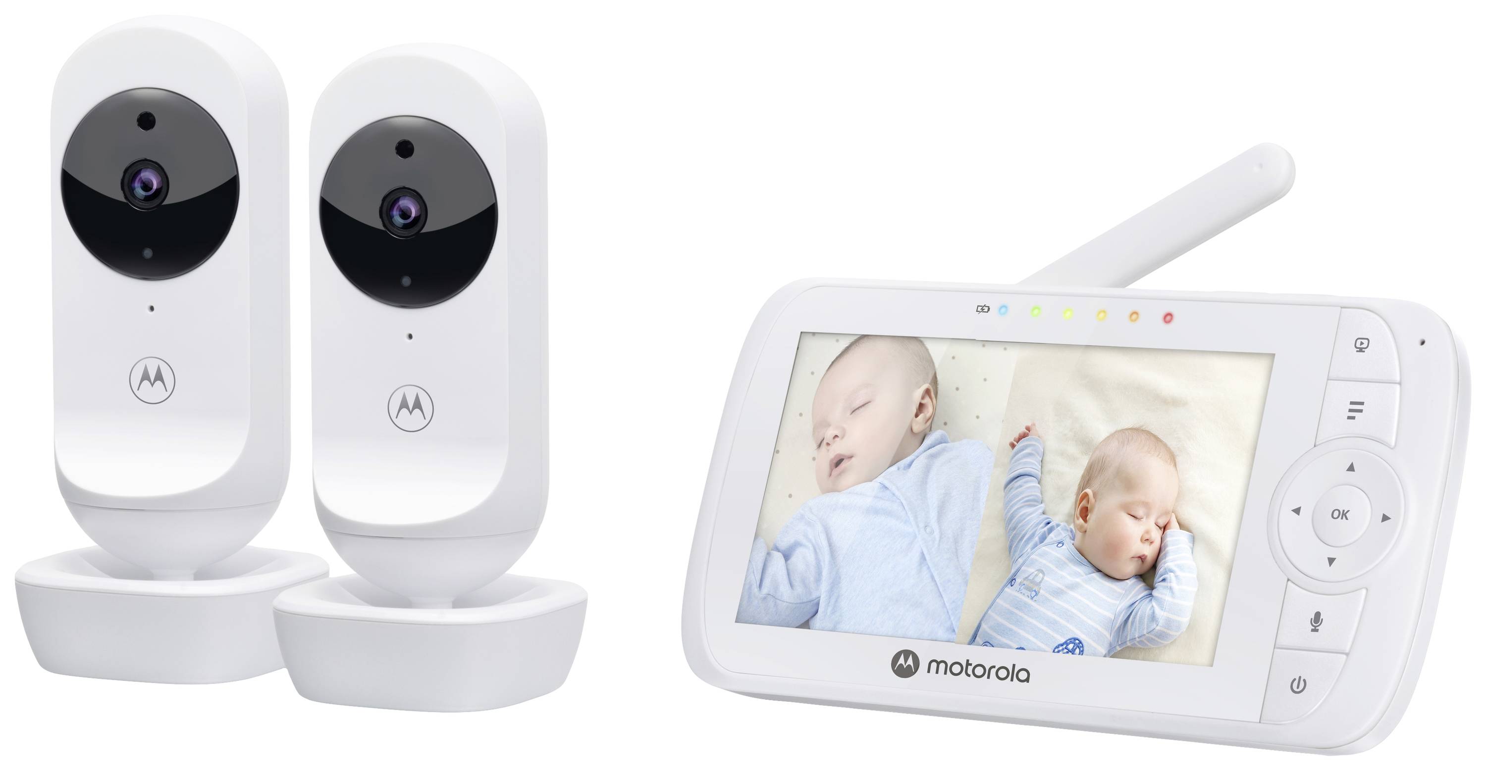 Two baby monitoring cameras and a monitor display sleeping babies wearing blue babygros on the screen.