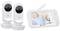Two baby monitors with cameras and one screen display two sleeping babies. The displays are designed for monitoring.
