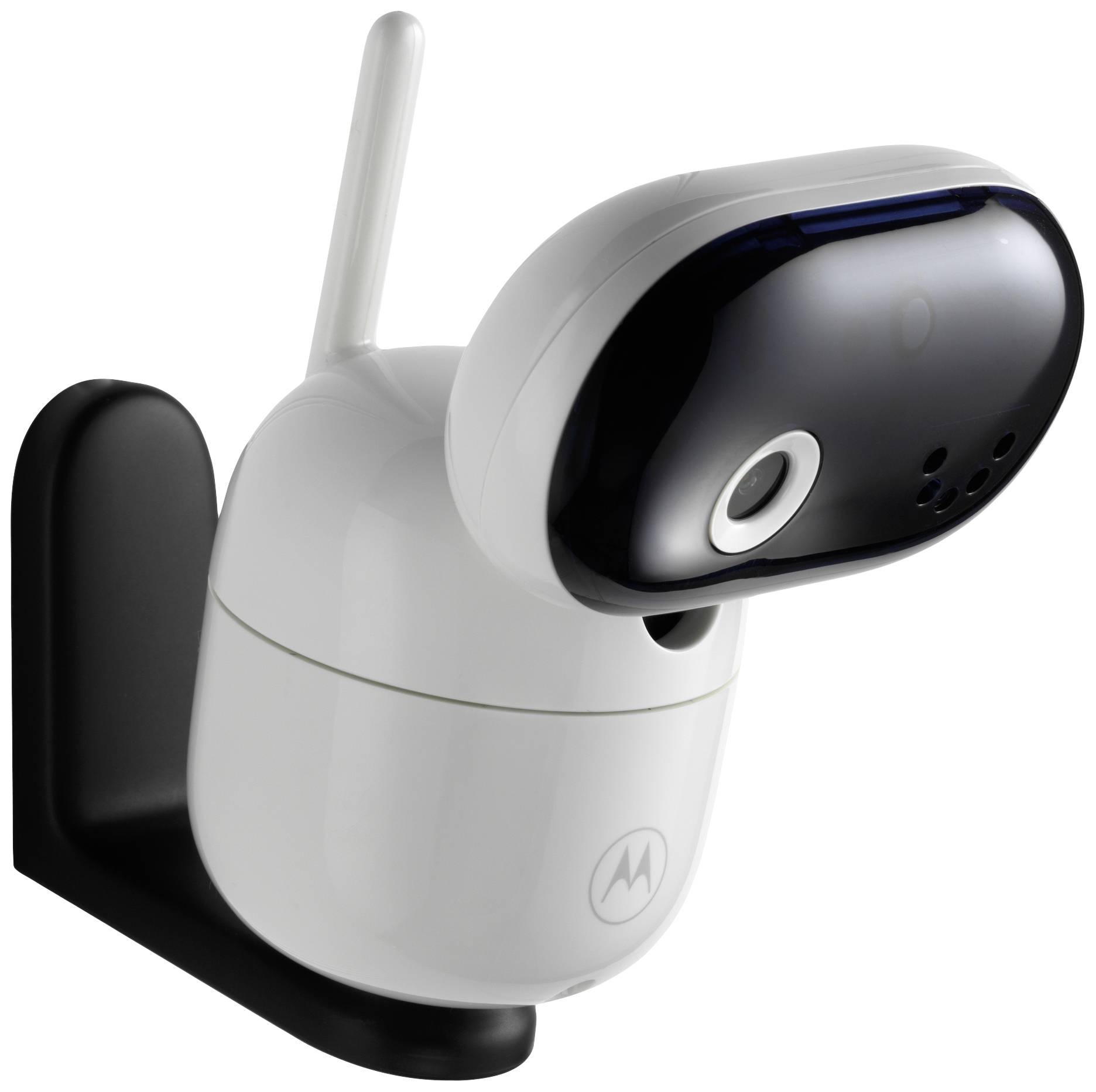 A white, modern surveillance camera with an antenna, mounted on a black bracket on the wall, facing forward.