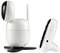 A white baby monitor set with a camera on the left and a portable monitor on the right. The camera has a smooth, modern shape with an antenna.