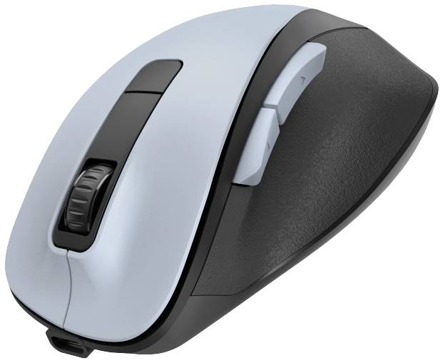 Wireless computer mouse with ergonomic design, light grey upper surface and black base, featuring two side buttons and a scroll wheel.