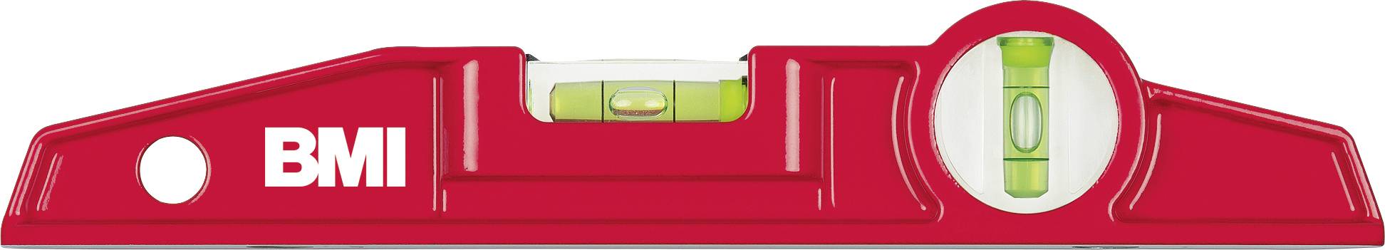 Red spirit level with two vials, marked with 'BMI' logo on the side.