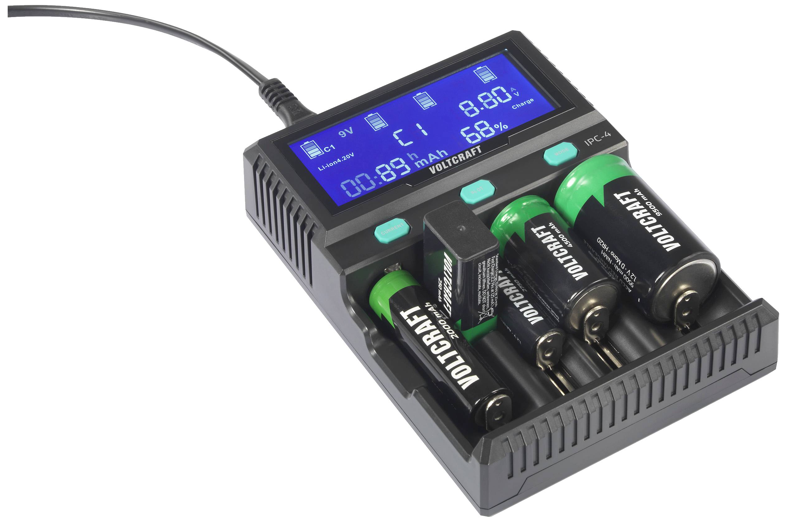 A charger with four Voltcraft batteries. The display shows the voltage, current, capacity, and charging status of the batteries.