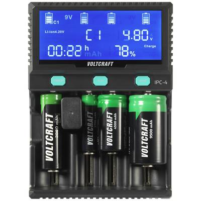 A battery charger with a digital display showing the charging status and details of four inserted batteries, including charging current and capacity.