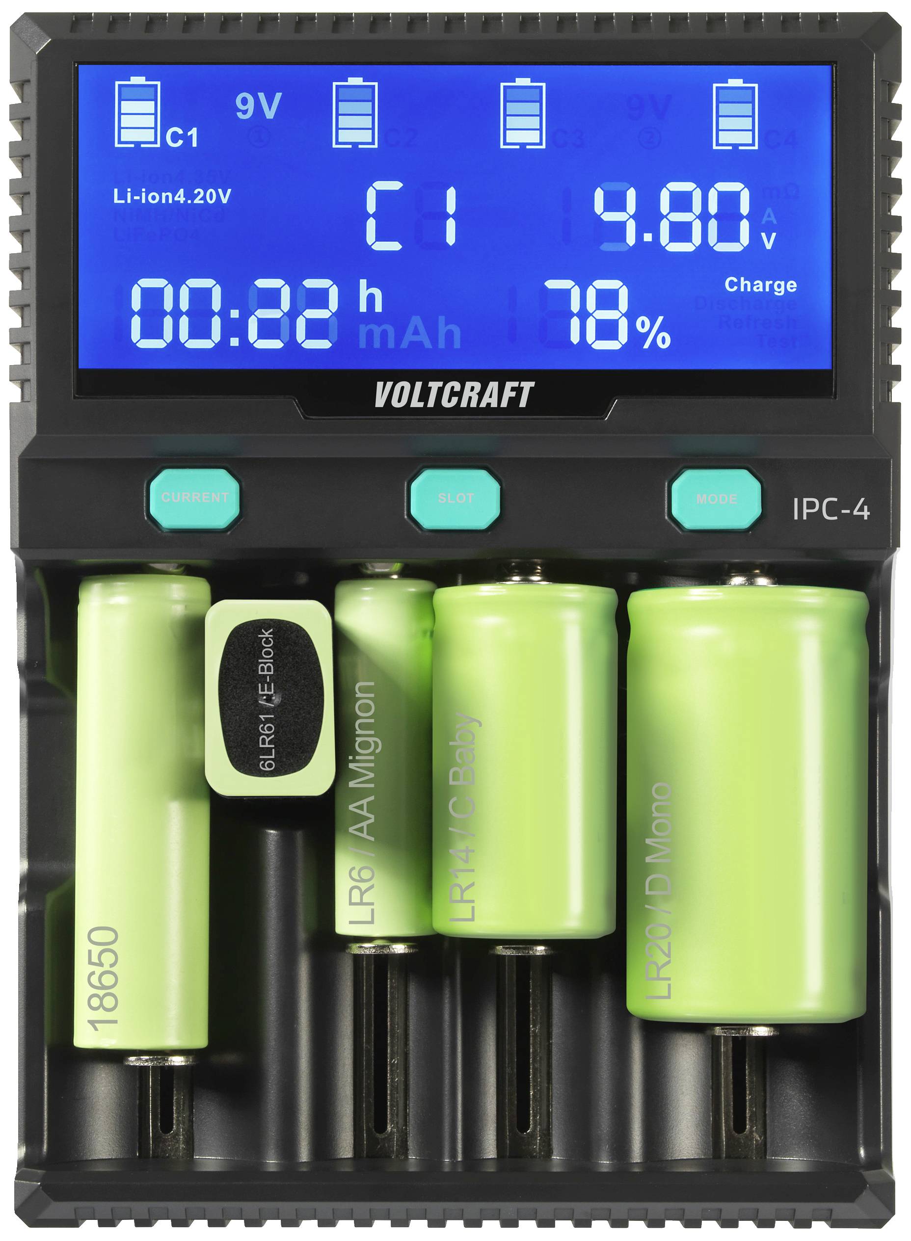 A battery charger with a digital display shows charging information such as voltage, capacity, and charging time. Four batteries of different sizes are being charged.