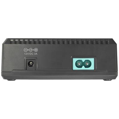 Back of an electrical device with a 12V/DC 3A power socket and a two-pole green connector.
