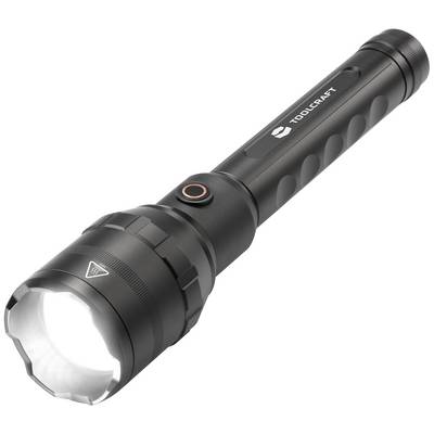 Black metal torch with a rubberised grip, luminous, suitable for nocturnal outdoor activities or emergency situations.