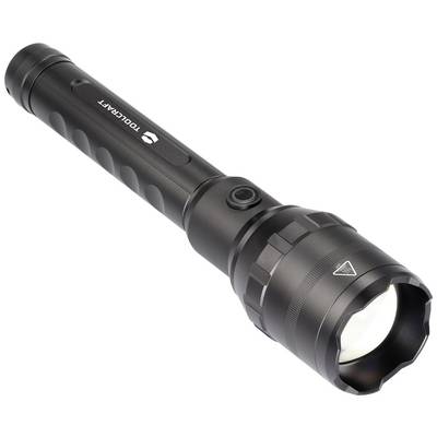 Black torch with ridged grip shown from a diagonal angle. Battery-powered, suitable for outdoor use.