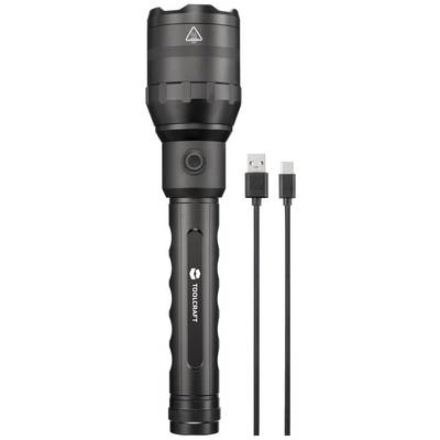 A black torch next to a USB cable with two plugs, suitable for charging.