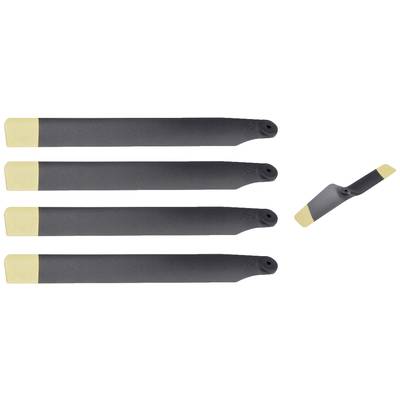 Five black rotor blades with yellow tips in a row, one angled.