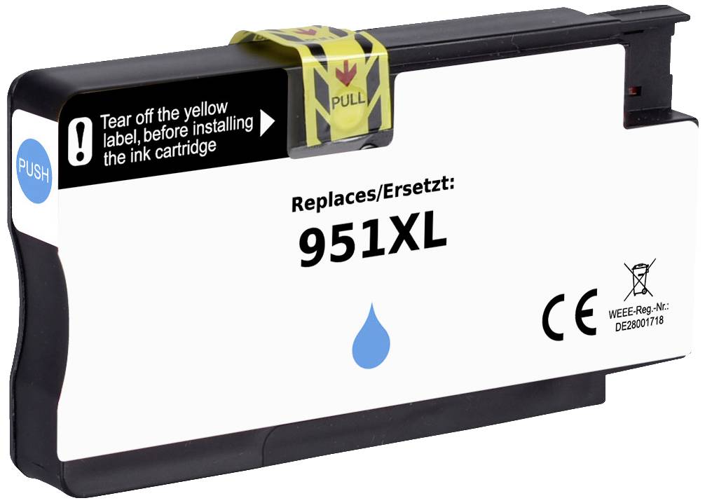 Printer cartridge with the inscription '951XL Replacement'. Yellow label for removal and installation instructions in English on the top surface.