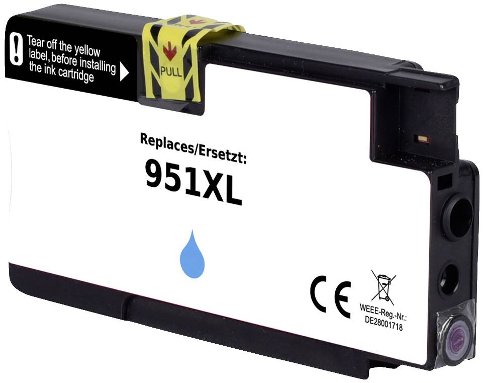 Printer cartridge with 'Replaced: 951XL' printed on it. Yellow label with 'Pull' instruction and disposal symbol.