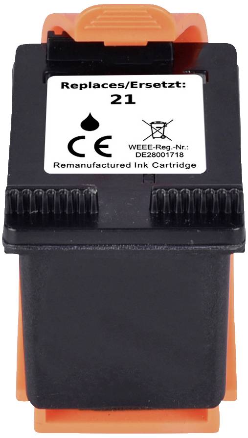A black ink cartridge labelled 'Replaces/Replaces: 21'. Shows certification and recycling symbols.