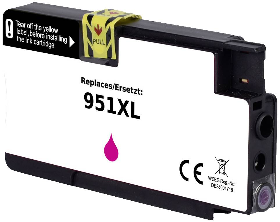 Printer cartridge with inscription 'Replaces/Replaces: 951XL', pink droplet symbol, yellow pull tab at the top, CE marking on the right.
