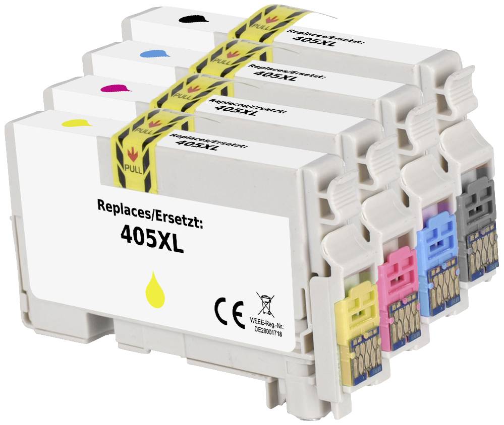 'Three coloured printer cartridges and one black with the label "Replacement: 405XL", suitable for various printer models.'