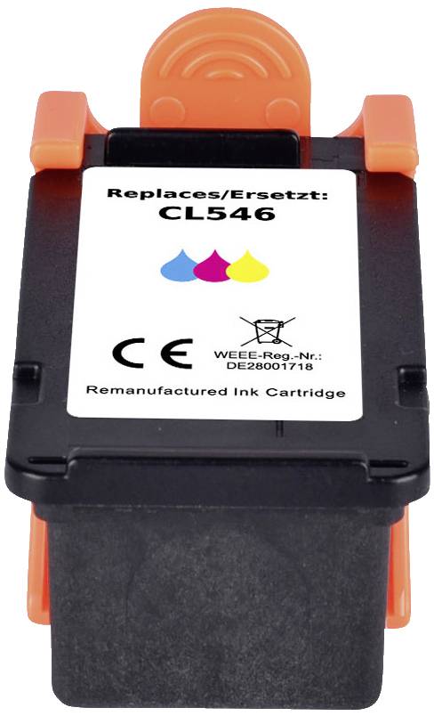 Ink cartridge with the inscription 'Replaces/Replaces: CL546'. It is CE-certified and displays a symbol for remanufactured cartridges.