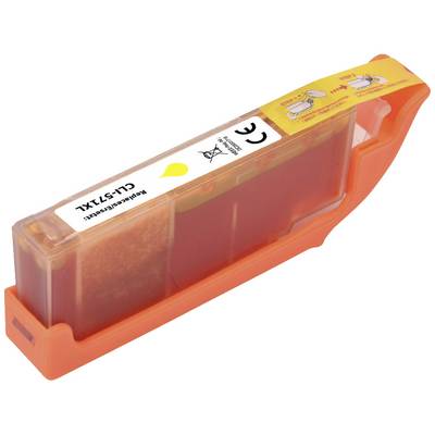 An orange-yellow printer cartridge with the text 'CLI-571XL' printed on it. Instructions are visible at the top, along with a yellow ink symbol.