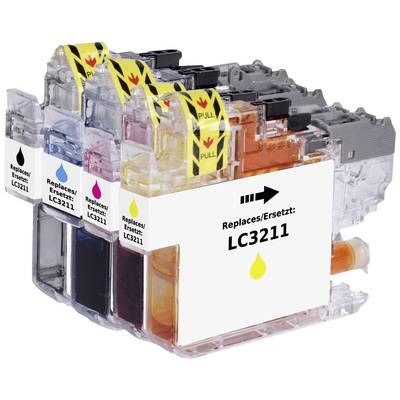 Four coloured printer cartridges in Yellow, Cyan, Magenta and Black. Each cartridge is labelled with 'LC3211' and has a 'PULL' sticker.