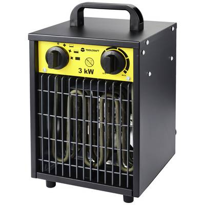 Portable electric heater with two rotary controls for temperature and power on a yellow control panel, marked '3 kW'.