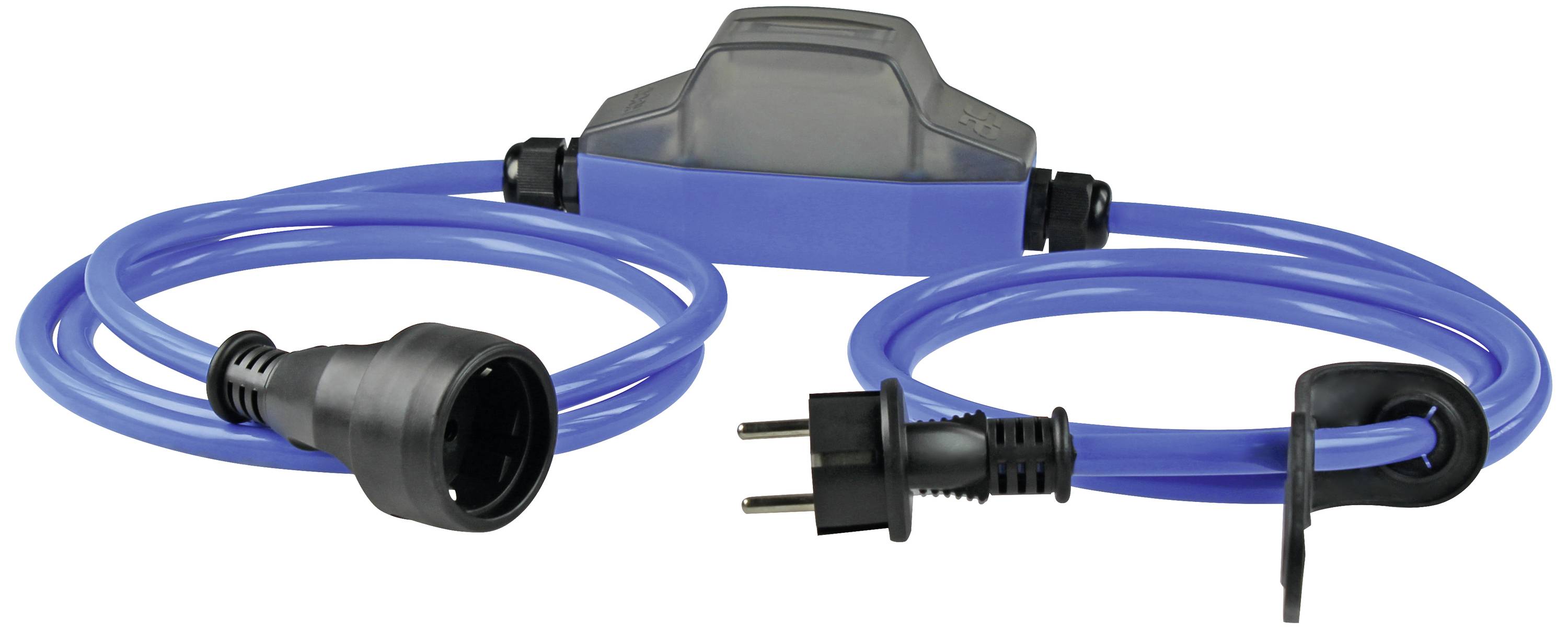 Blue, waterproof extension lead with IP44 switch. Left: Socket, right: Schuko plug. Suitable for outdoor use.