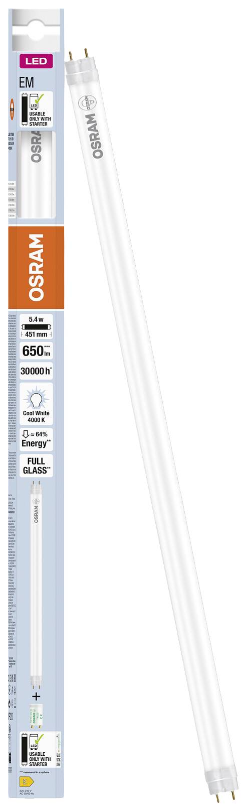 OSRAM LED fluorescent tube, Model EM, length 120 cm, 650 lumens, 8 watts, colour temperature 3000K warm white. Packaging shows energy efficiency class A+.