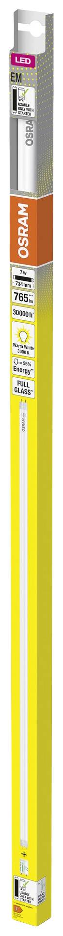 Packaging for an Osram LED fluorescent tube, 9.1 W, suitable for LUMILUX ES electronic and magnetic ballasts, demonstrates energy-saving properties.