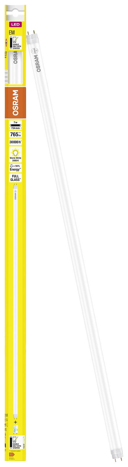 Osram fluorescent tube in original packaging. The tube is white, the packaging yellow with product information and brand logo.