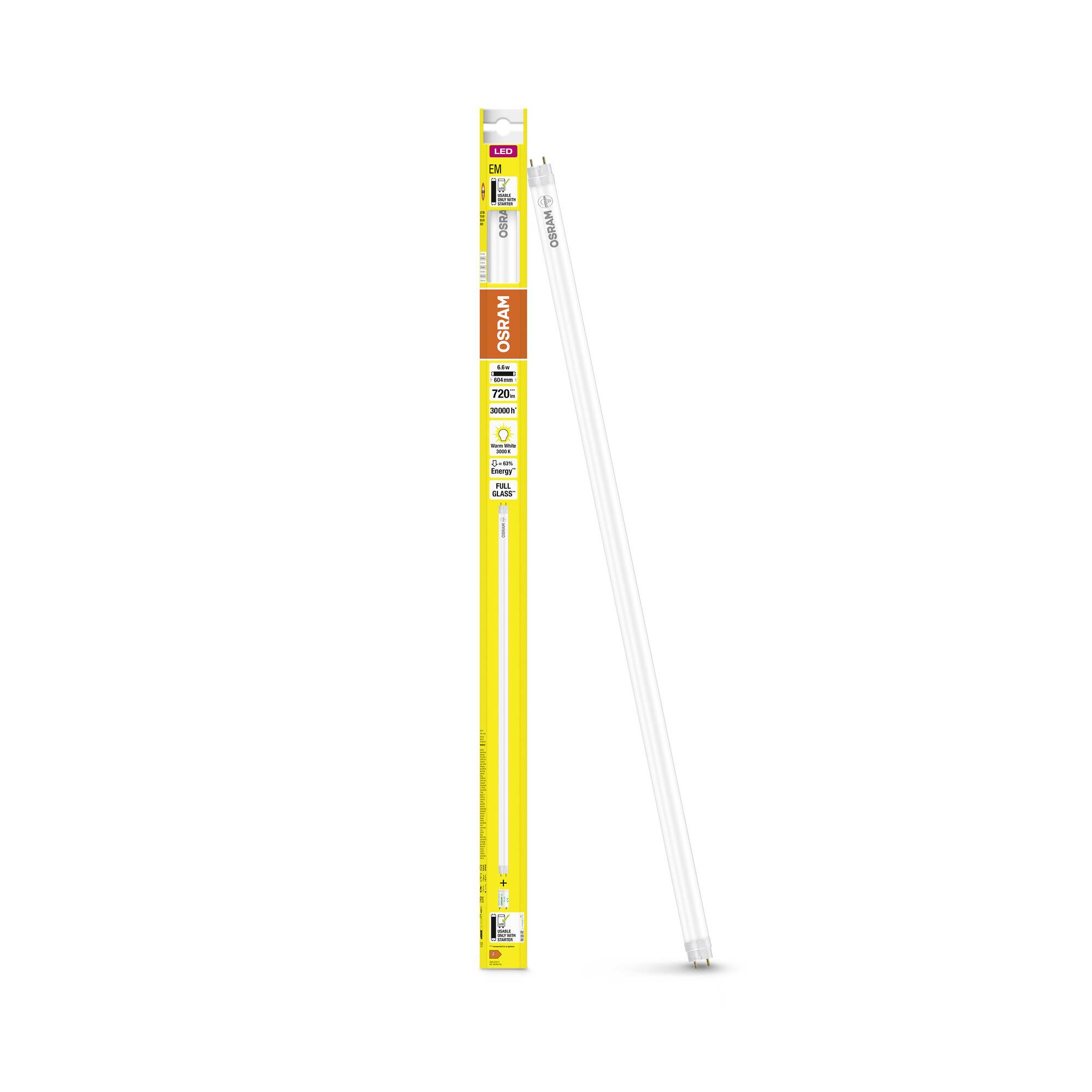 A yellow packaging with a white LED tube beside it. The packaging displays product information and brand logos.
