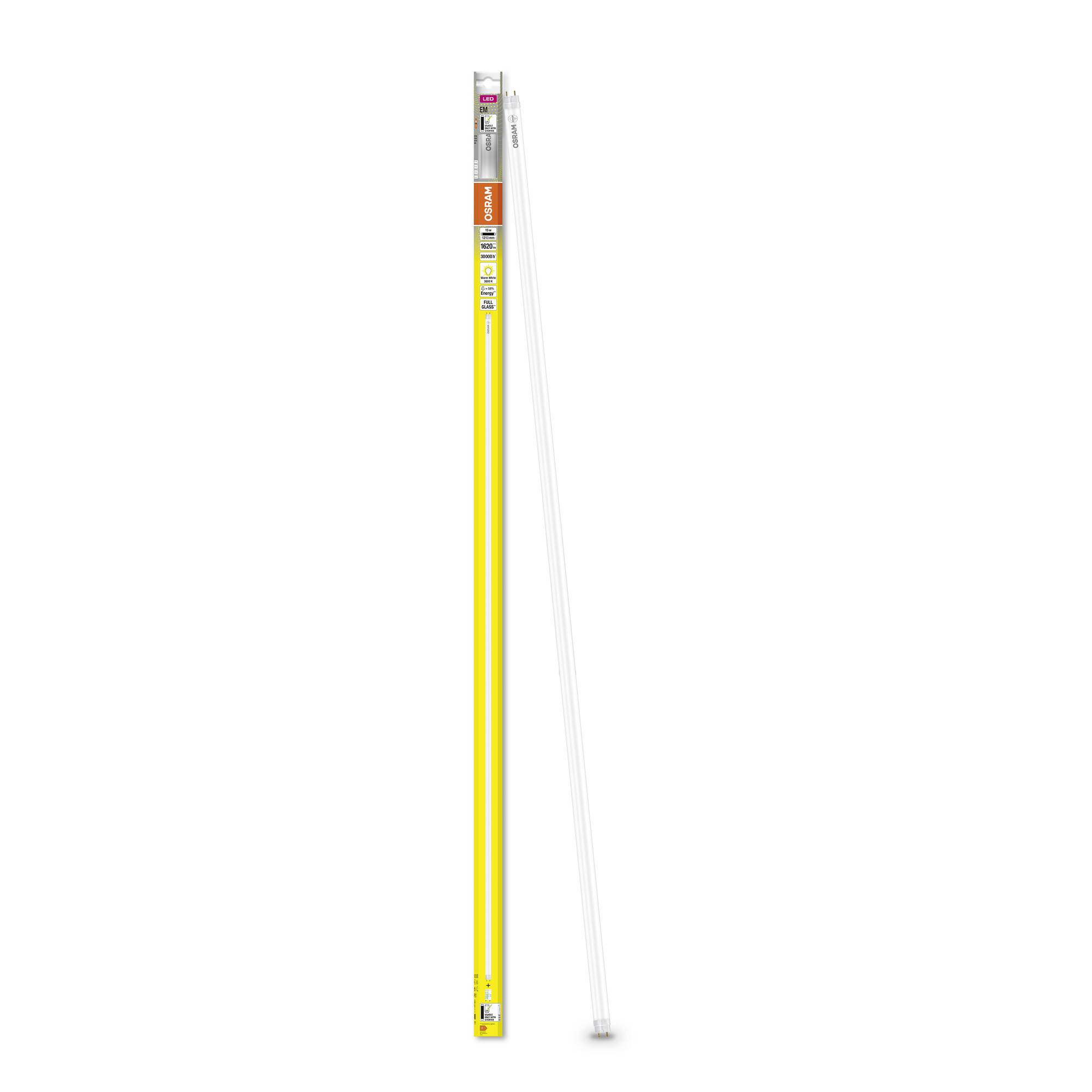 A long, thin neon tube in a yellow packaging sleeve, standing upright against a white background.