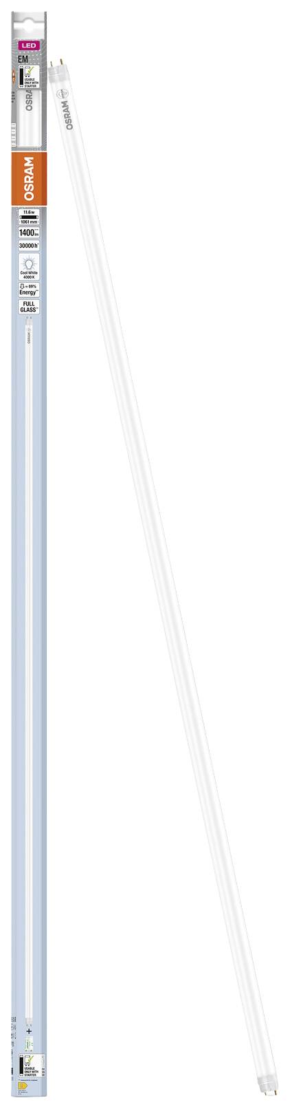 A UV-C fluorescent lamp with packaging. The packaging displays product information and is designed in blue and orange.