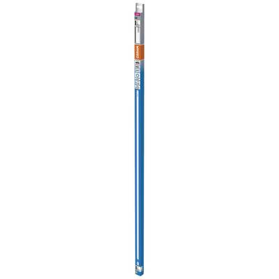 A blue, long cylindrical object with a silver and orange label at the upper end, most likely a container.