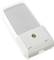 A rectangular, white plastic device with a grey lid and a central screw.