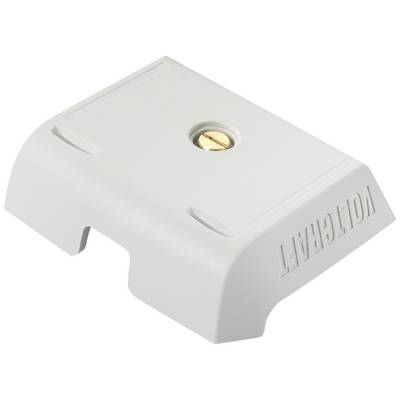 Grey, rectangular plastic block with a hole and the inscription 'VOLTCRAFT'. Electronic component for cable assembly.