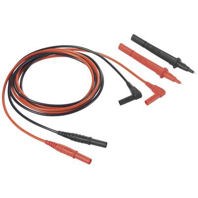 A pair of red and black measuring leads with banana plugs and test probes for electrical measuring instruments.