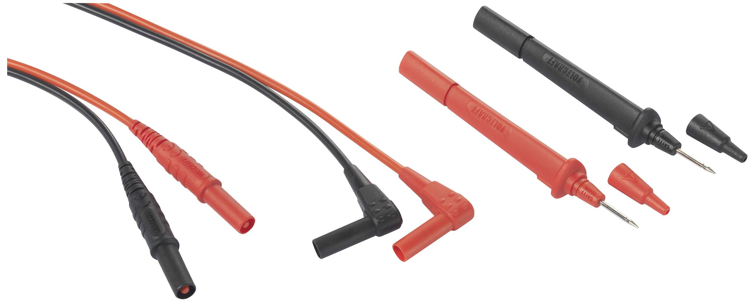 'Two red and two black measuring leads with differently shaped ends, suitable for electrical measuring instruments.'