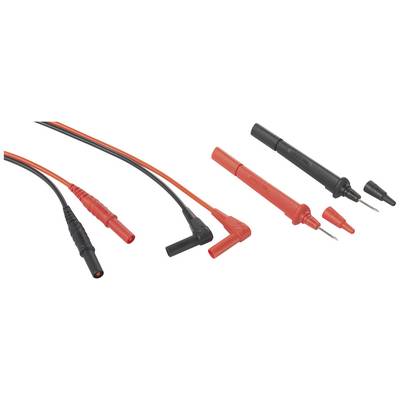 'Two red and two black measuring leads with differently shaped ends, suitable for electrical measuring instruments.'