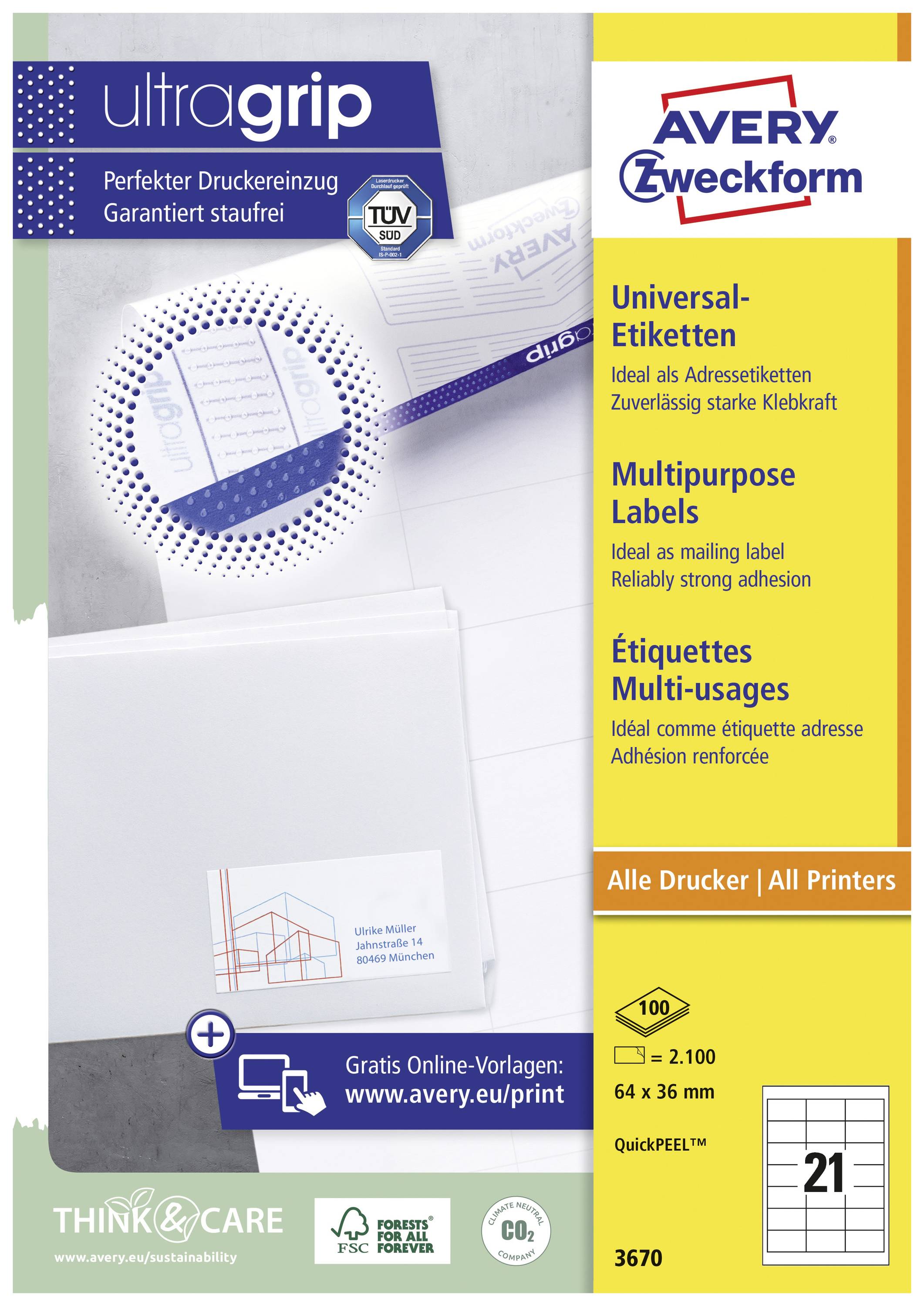 'Packaging for Avery Zweckform universal labels, 21 labels per sheet, 100 sheets, suitable for all printers.'