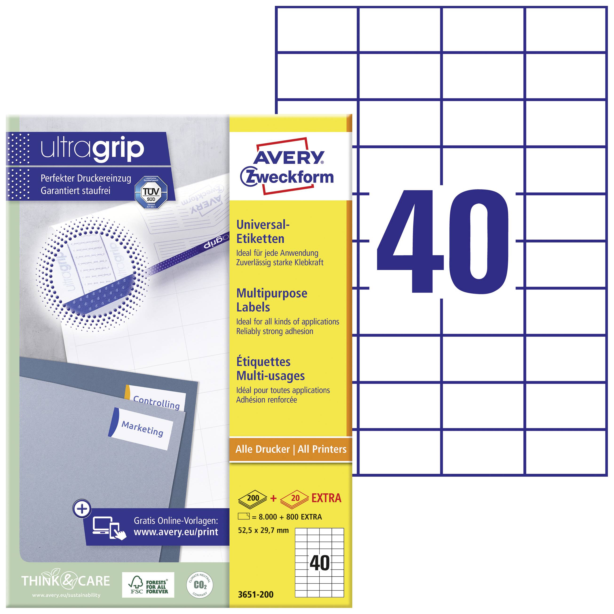 Avery-Zweckform 3651-200 All-purpose labels 52.5 x 29.7 mm Paper White 8800 pc(s) Permanent adhesive Laser printer, Laser, colour
