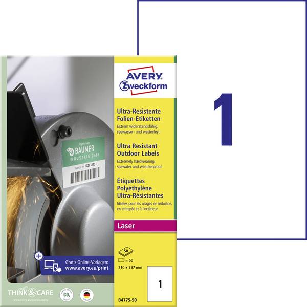 Avery-Zweckform B4775-50 All-purpose labels 210 x 297 mm PE film White 50 pc(s) Permanent adhesive Laser printer, Laser, colour