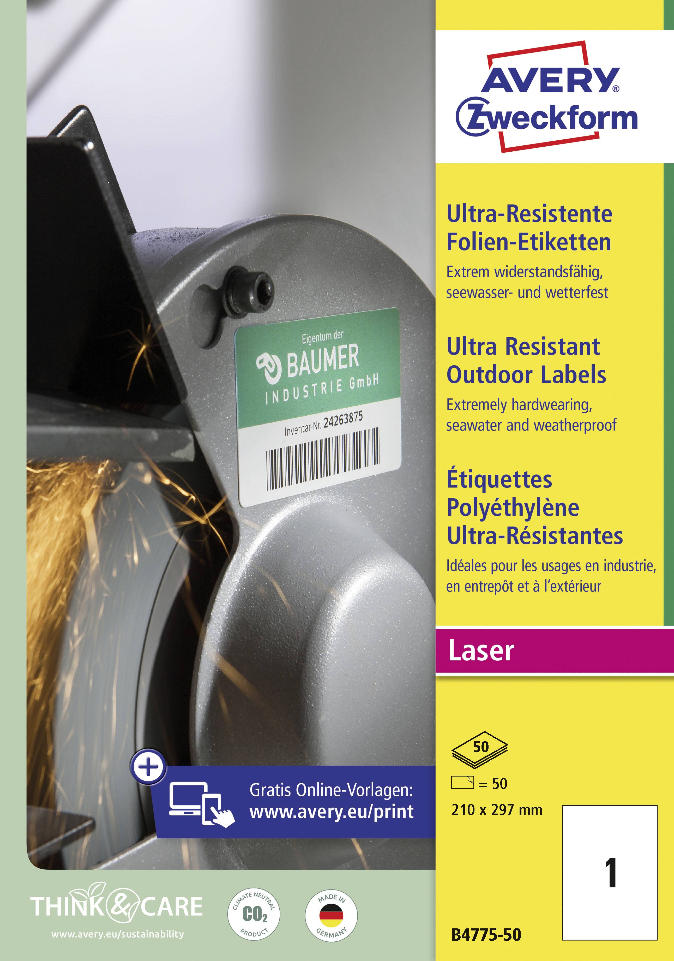 'Ultra-resistant Film Labels' by Zweckform, ideal for extreme conditions. Image shows laser-engraved label printer in action.