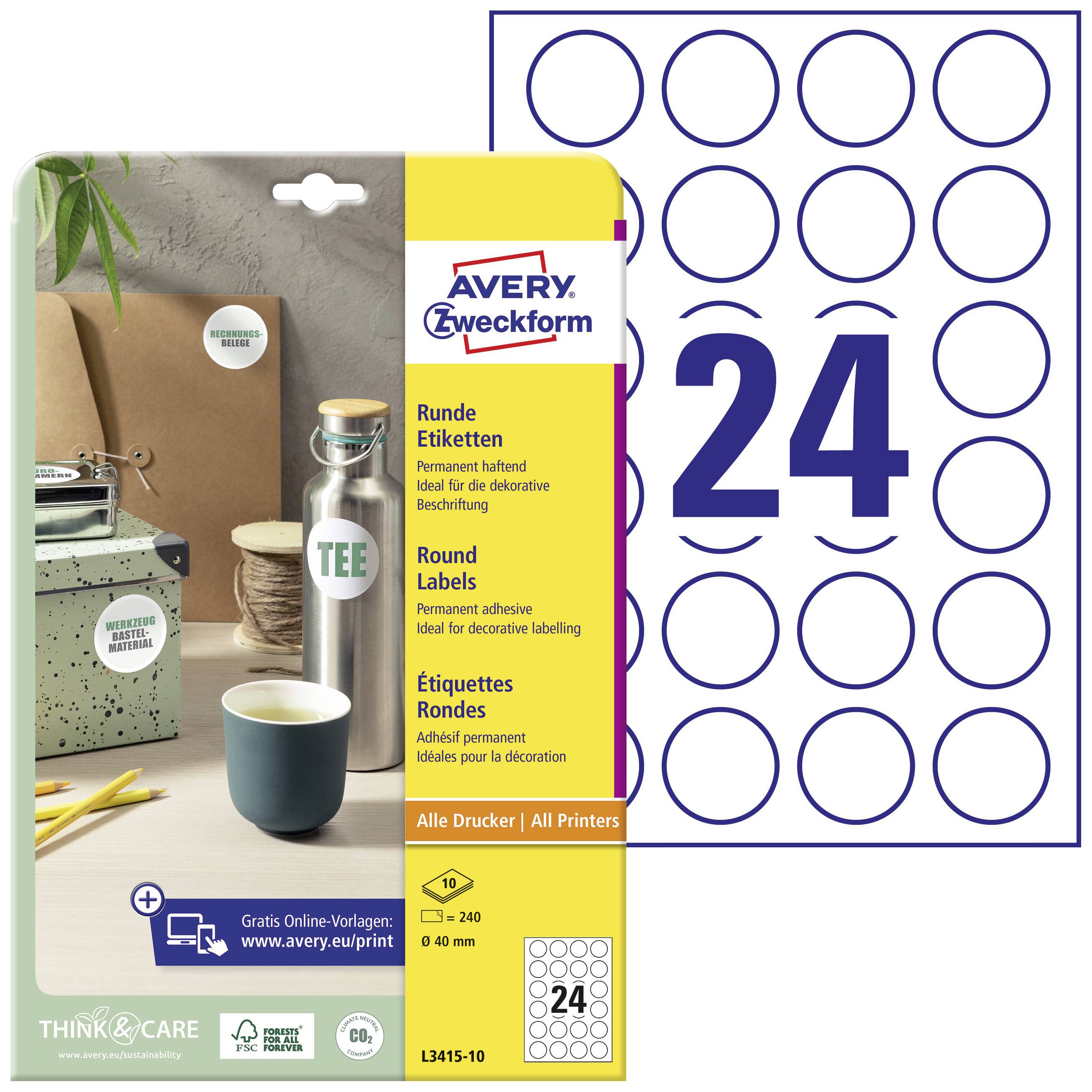 Avery Zweckform round labels, 24 labels per sheet, suitable for printers. Illustration shows example applications.