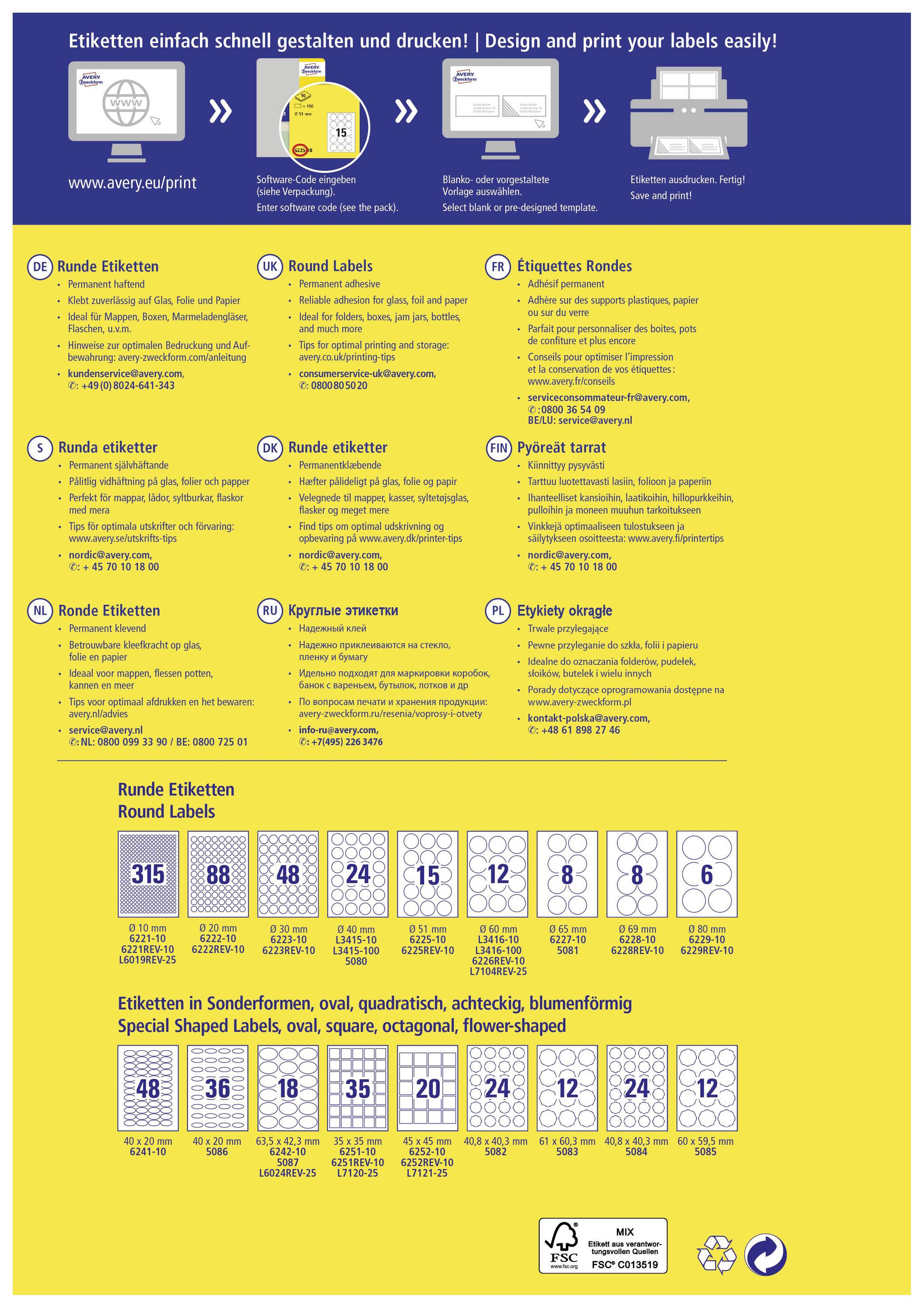 'Design and print labels quickly and easily!' in Yellow and Blue. Various label sizes and shapes with order numbers shown.