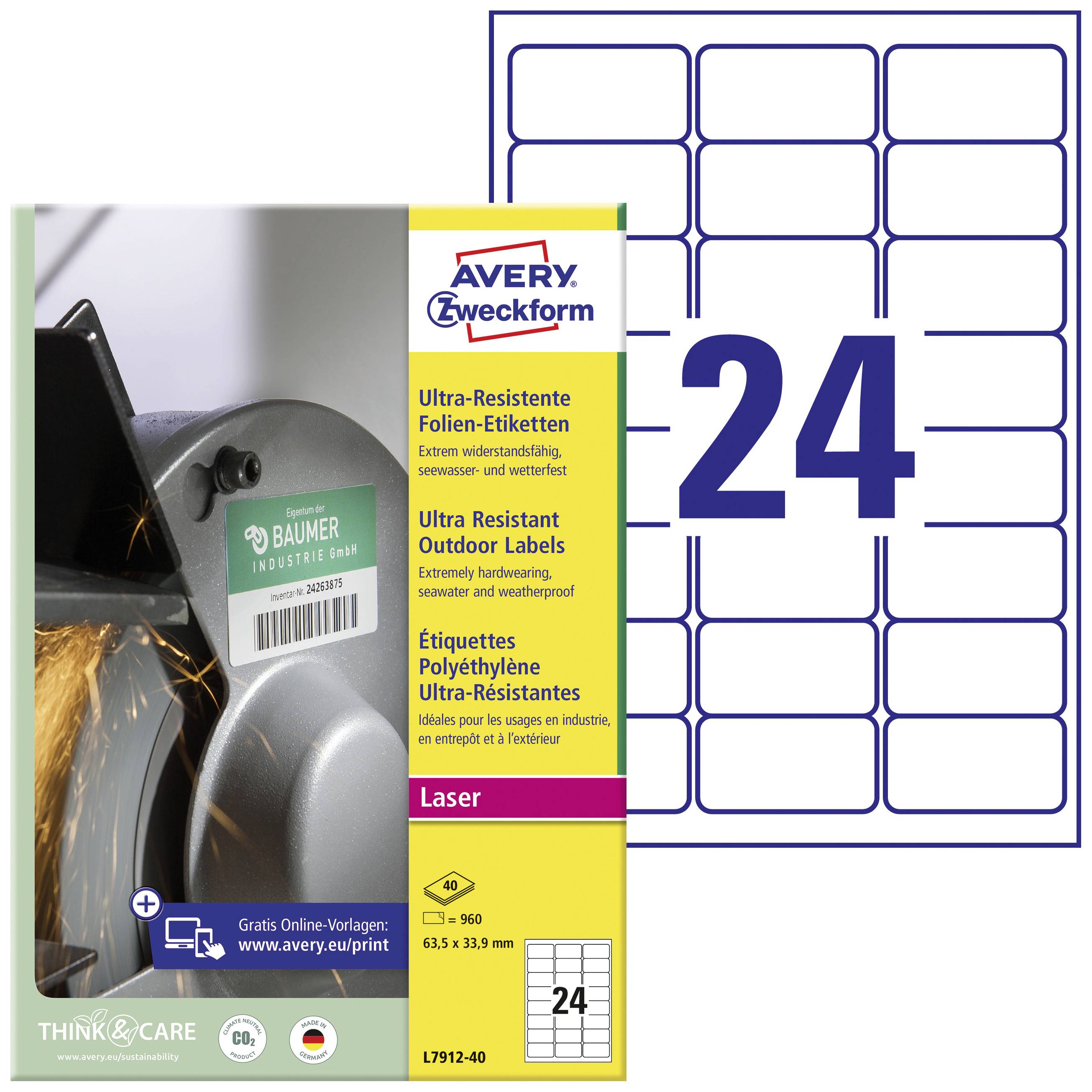 Avery-Zweckform L7912-40 All-purpose labels 63.5 x 33.9 mm PE film White 960 pc(s) Permanent adhesive Laser, colour, Laser printer