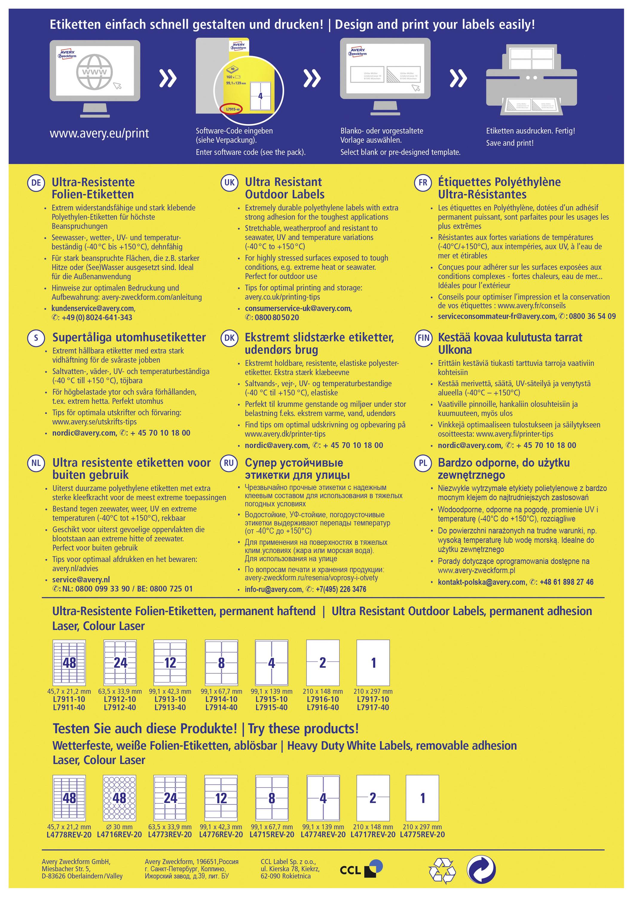 'Design and print labels quickly and easily!' Above. Instructions for ultra-resistant labels with pictograms below. Multilingual text details.