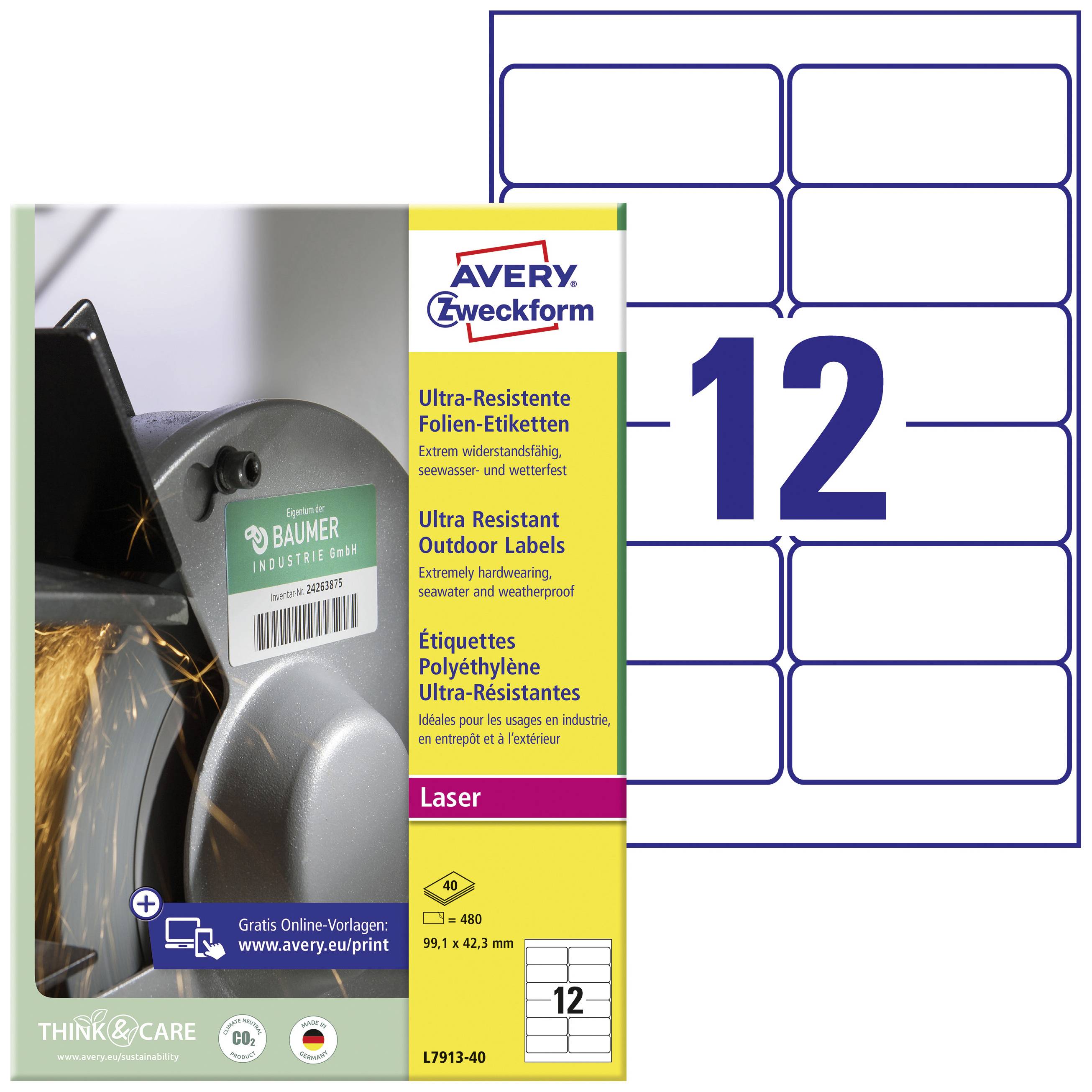 A pack of Avery Zweckform Ultra-Resistant Film Labels with 12 labels per sheet, suitable for outdoor use.