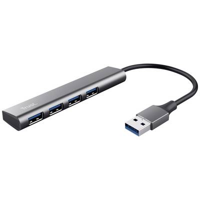 A USB hub with four USB 3.0 ports and a short cable. The hub is slim and suitable for connecting multiple devices.
