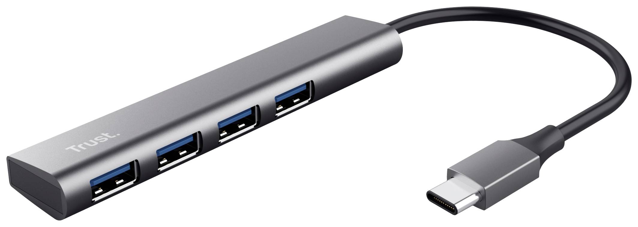 USB hub with four USB ports and USB-C cable connection, in a metal casing.