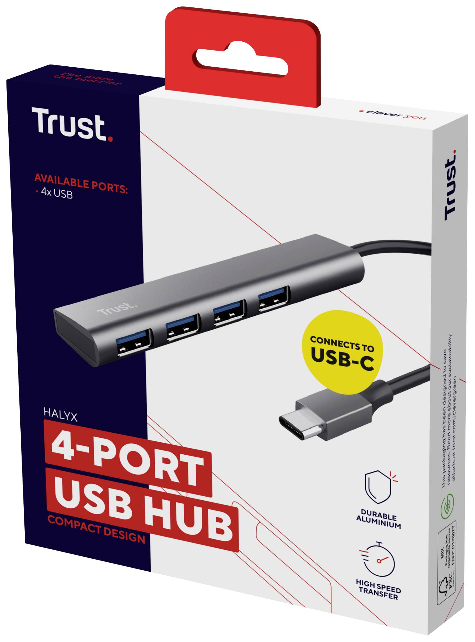 Packaging of a 4-port USB hub by Trust, connected via a USB-C cable. Features: compact design, durable aluminium, fast data transfer.