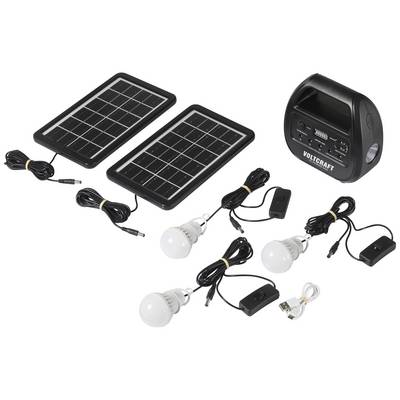 Two solar panels, four LED lamps with cables and a portable solar system with display, connectors and USB cable for power supply.